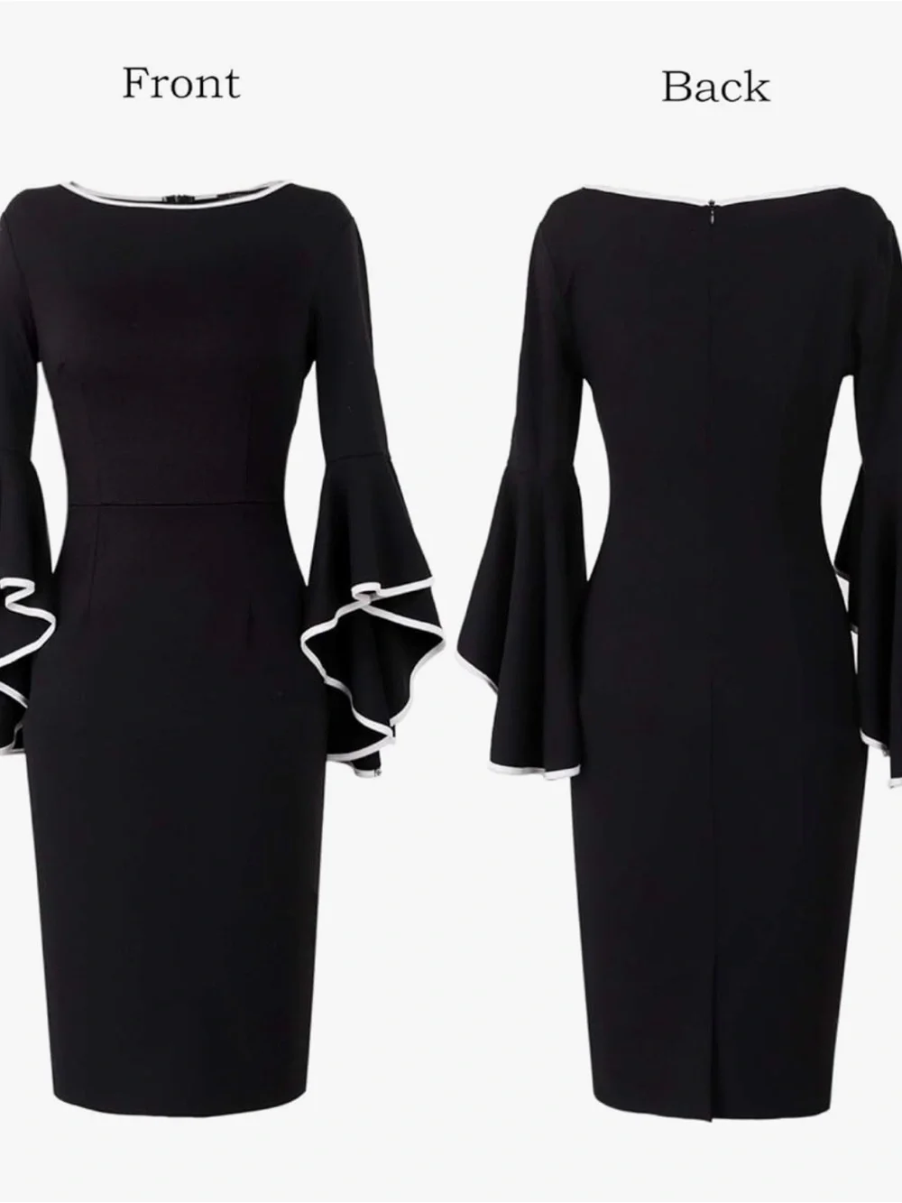 NWT VfShow Black Long- Bell Sleeve Pencil Sheath Dress White Trim, 3XL - Picture 2 of 10